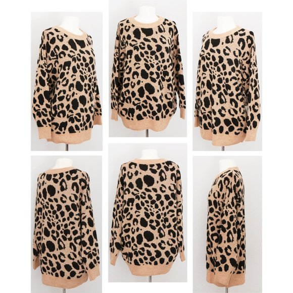 Camel Beige Leopard Crewneck Oversize Cozy Sweater - Picture 7 of 8